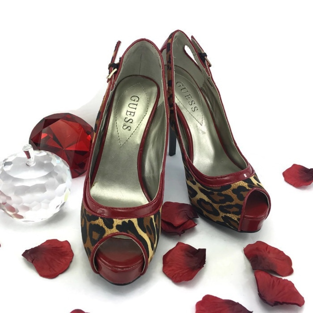 Guess Red Cheeta Print Heels Size 6.5